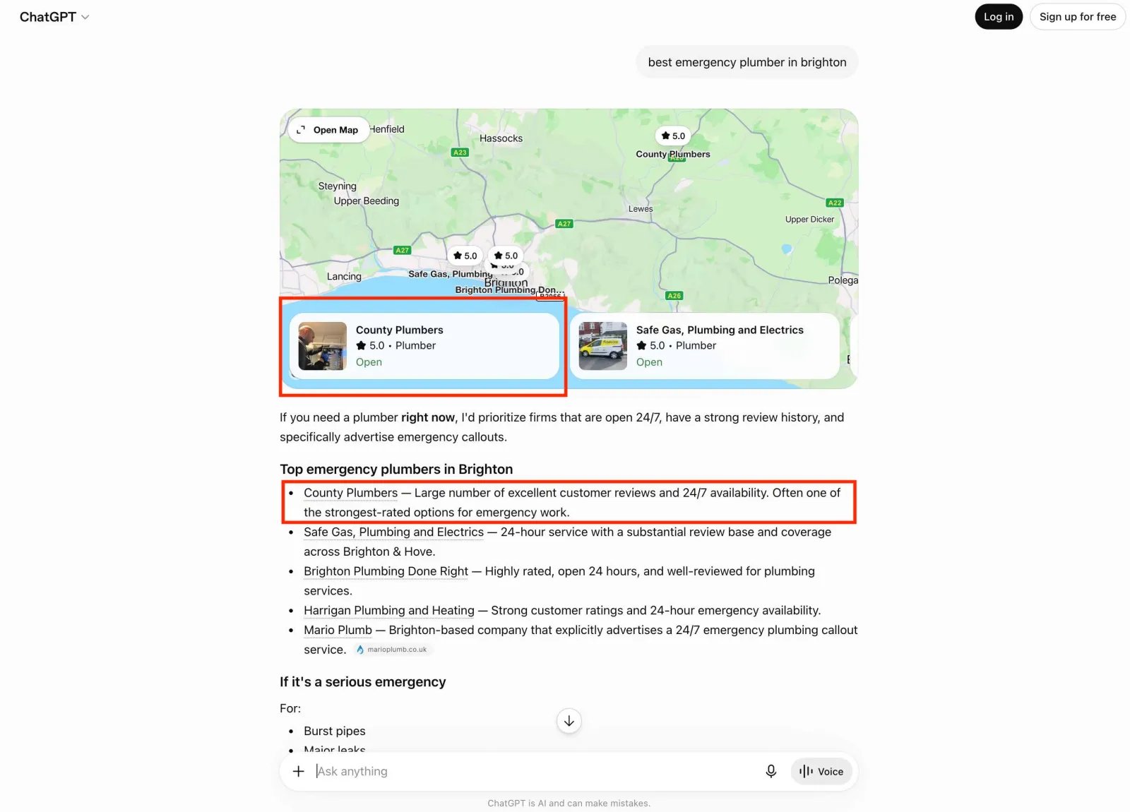 ChatGPT recommending local businesses in response to a search query