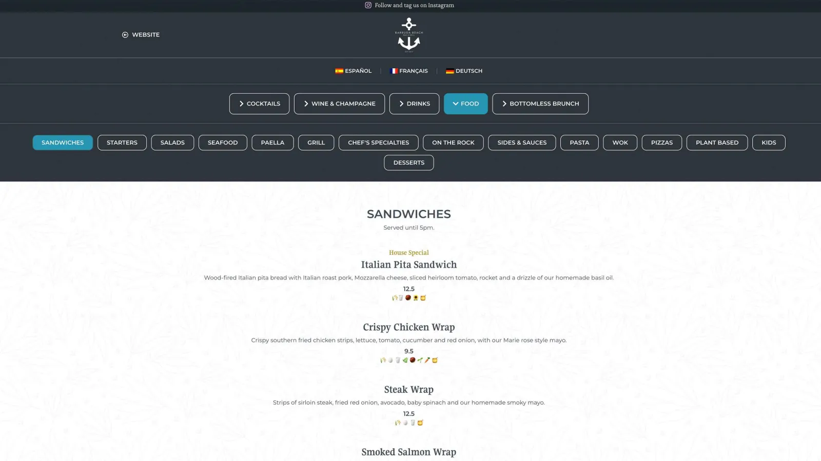 Barbuda Beach restaurant website digital menu