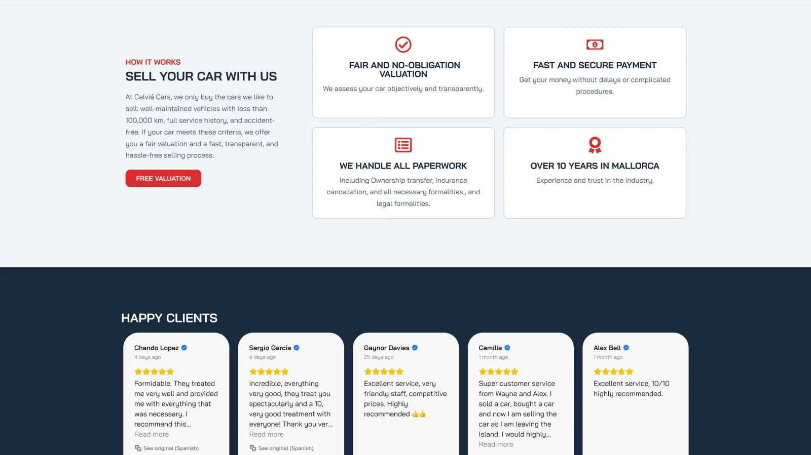 Calvia Cars website vehicle search and filter interface