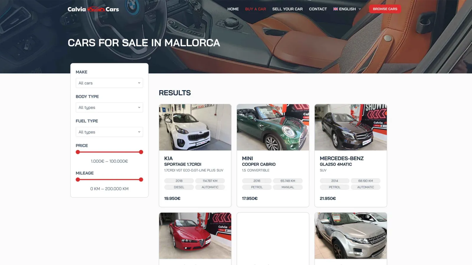 Calvia Cars website vehicle listings, easy to manage