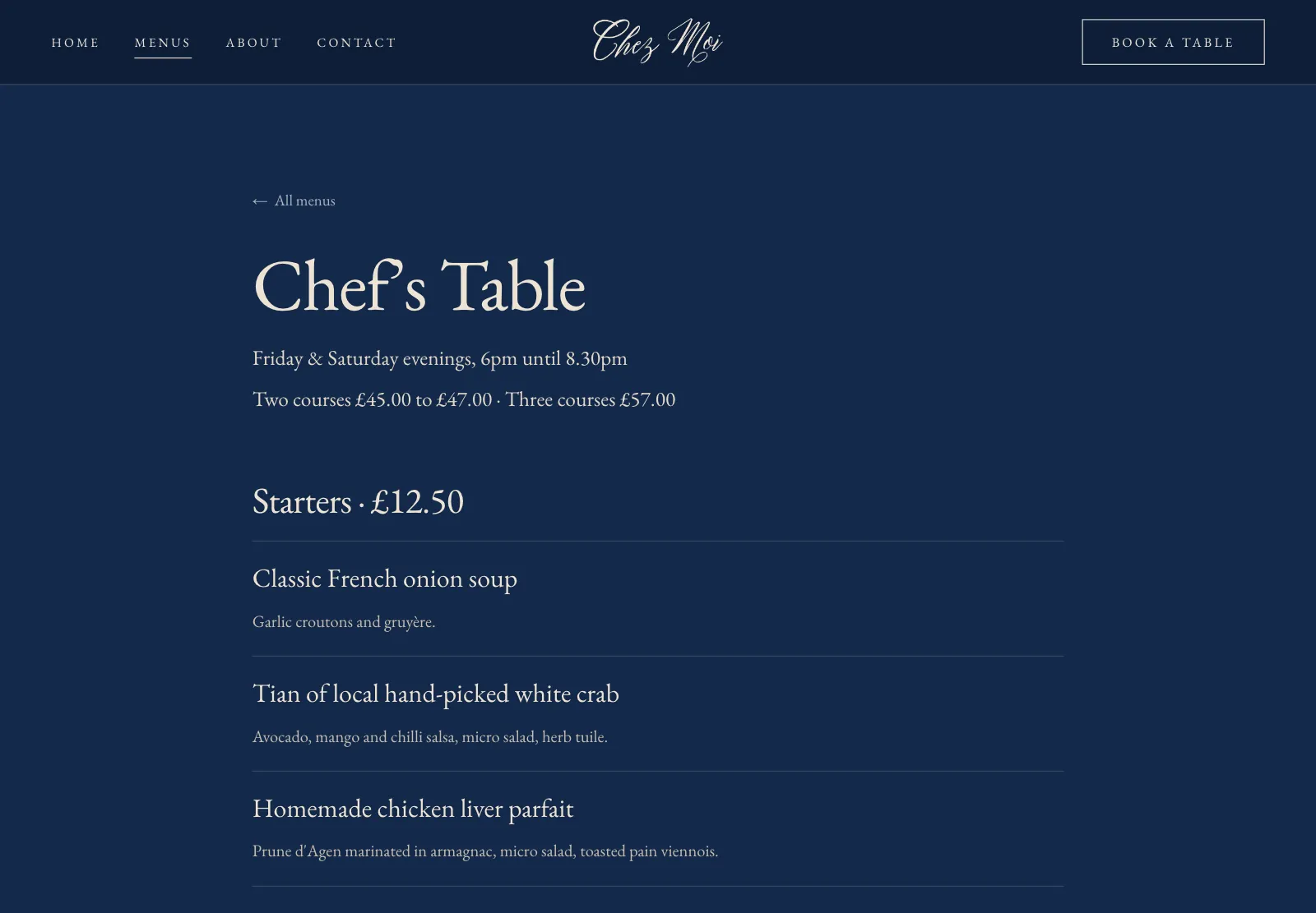 Chez Moi website, the Chef's Table menu with dishes and prices
