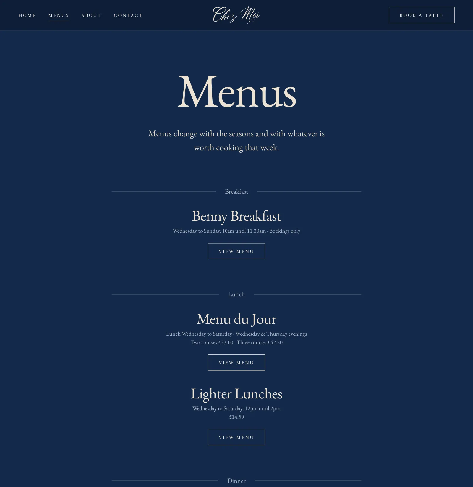 Chez Moi website, the menus page