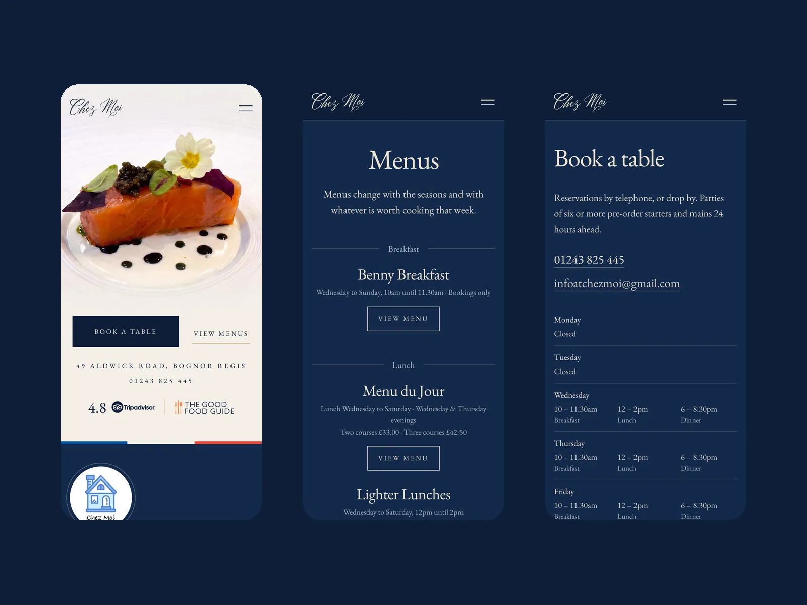 Chez Moi website on mobile, the home, menus and booking pages