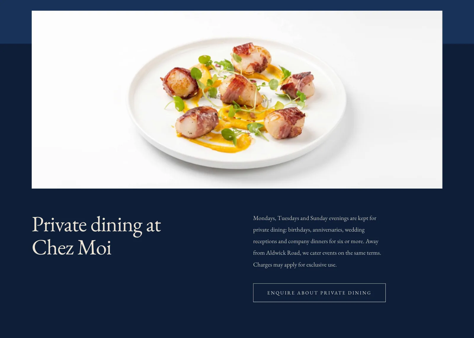 Chez Moi website, private dining section