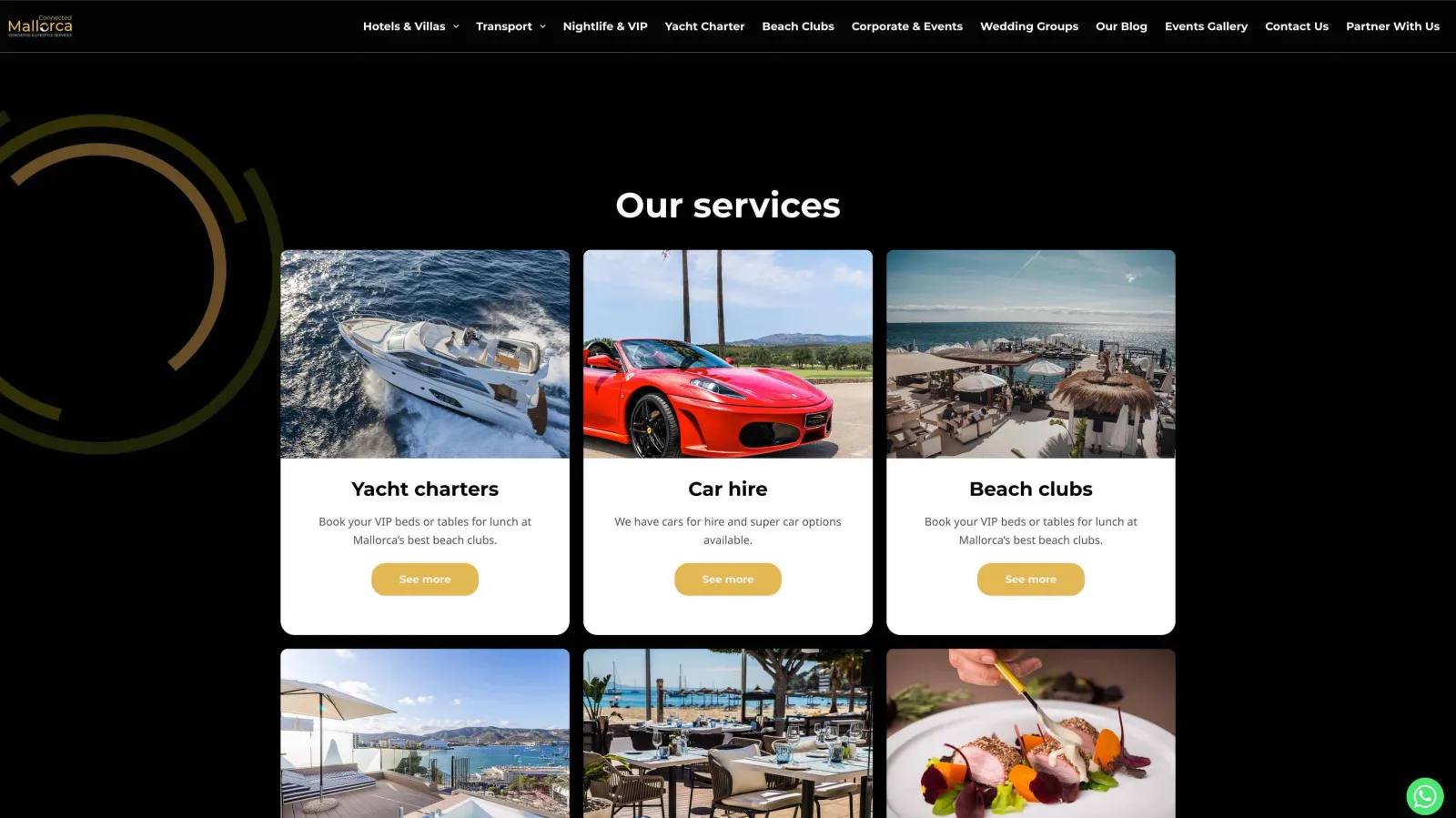 Connected Mallorca website interface with yacht listings