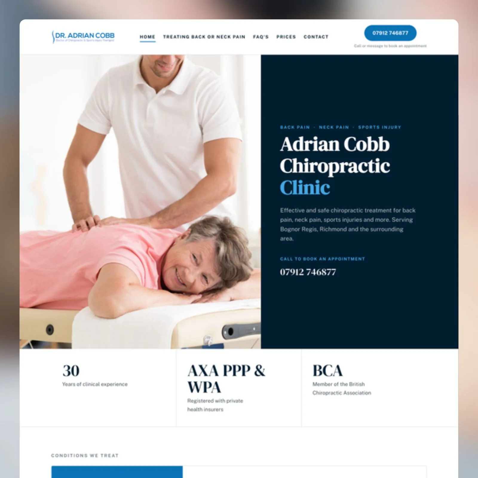 Dr Adrian Cobb Chiropractic Clinic website homepage