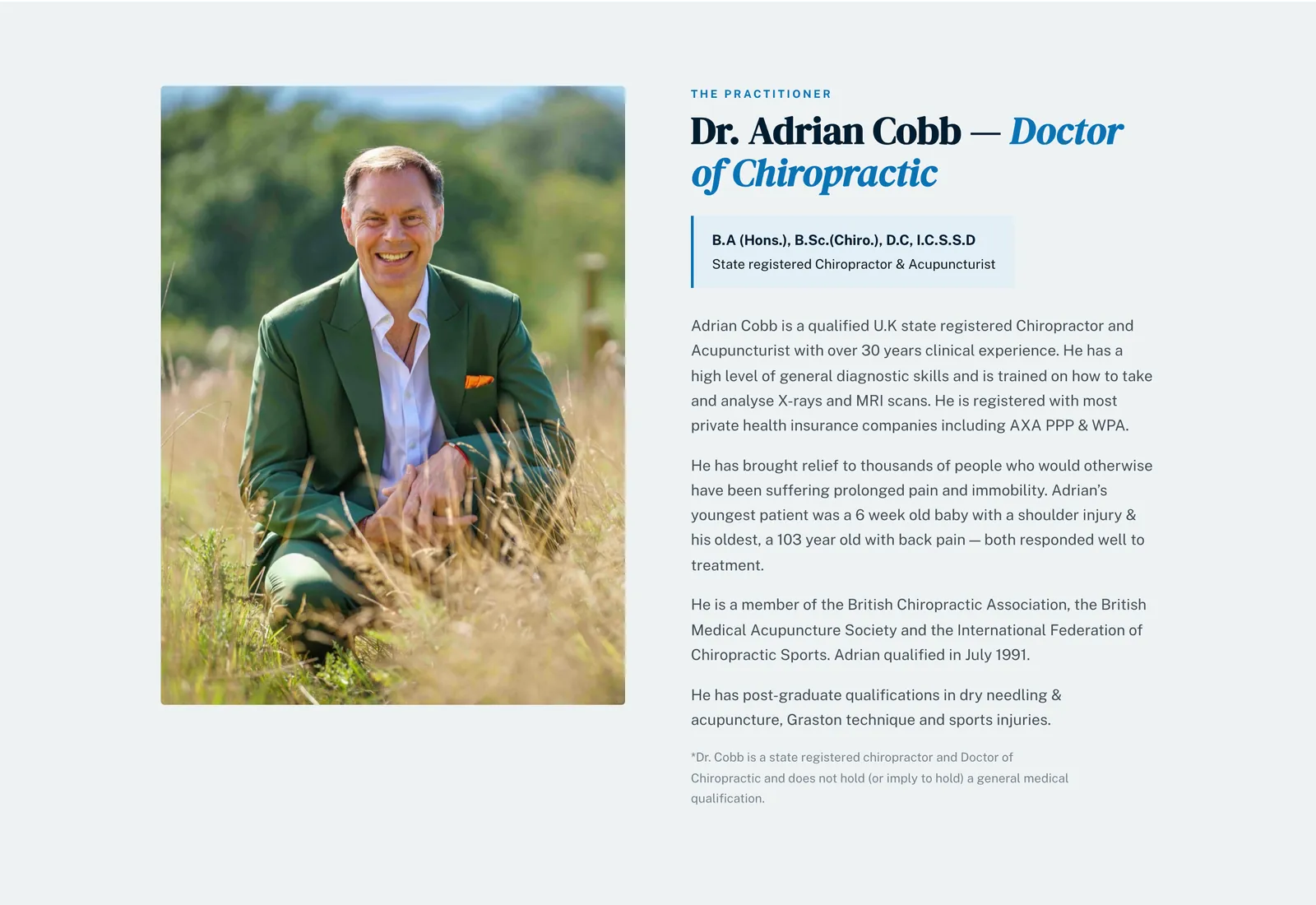 Dr Adrian Cobb website, the practitioner section with qualifications