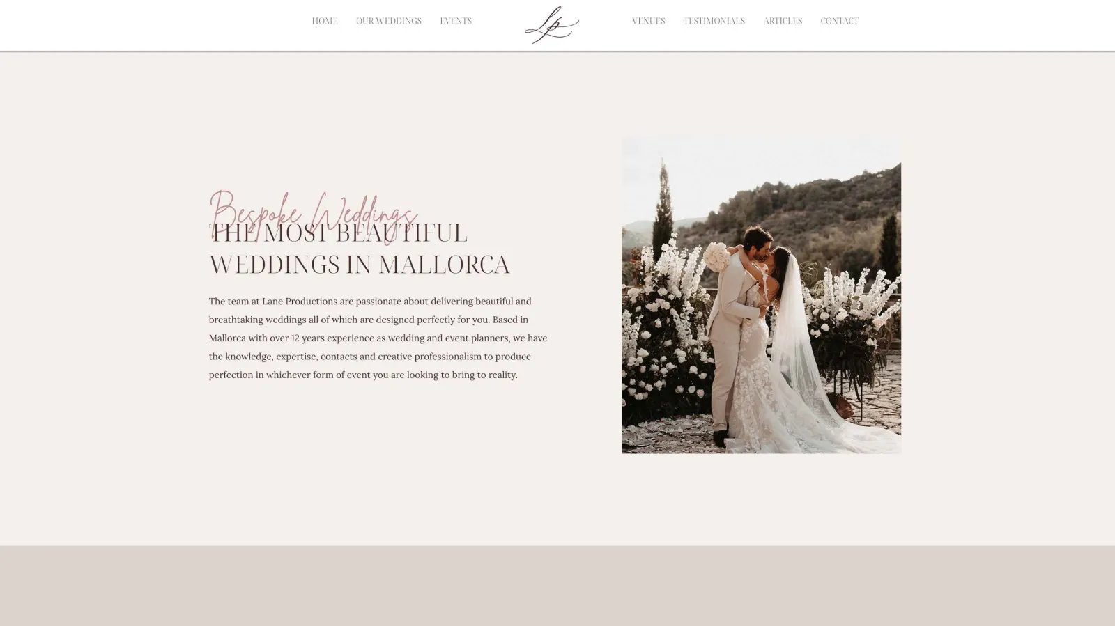 Website design for luxury wedding planner, interface