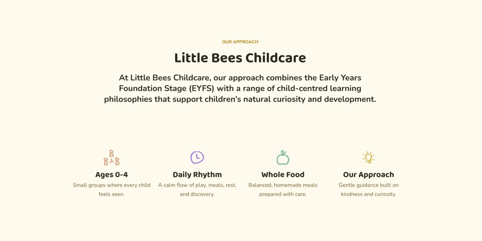 Little Bees Childcare website, our approach section