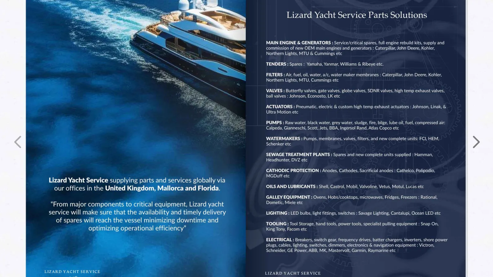 Lizard Yacht Service website services, parts and detail pages