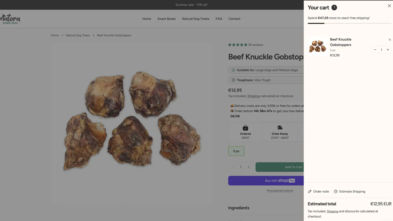 Ecommerce design for Natora, cart