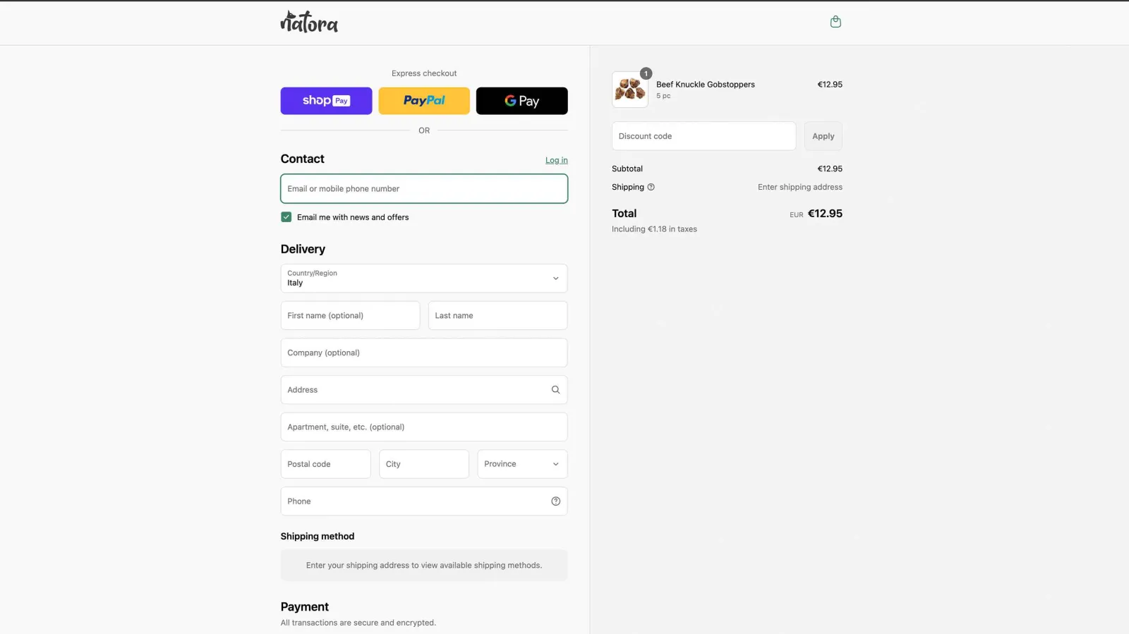 Ecommerce design for Natora, checkout