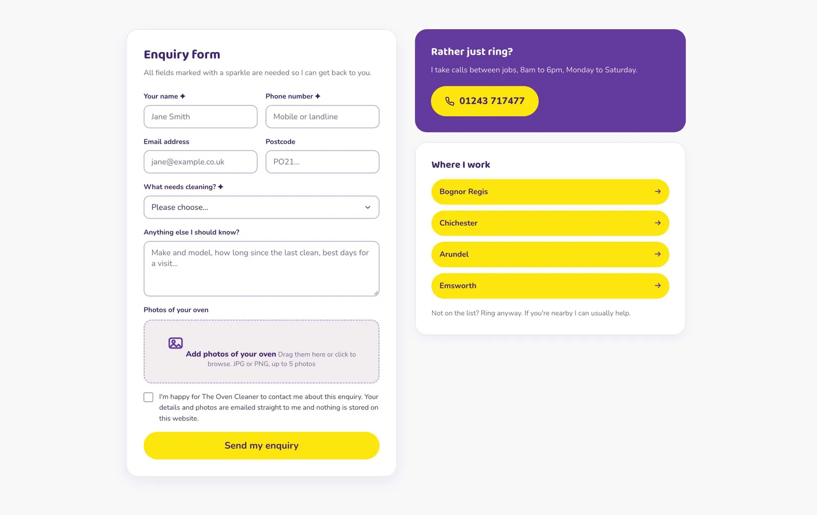 The Oven Cleaner website, enquiry form with photo upload