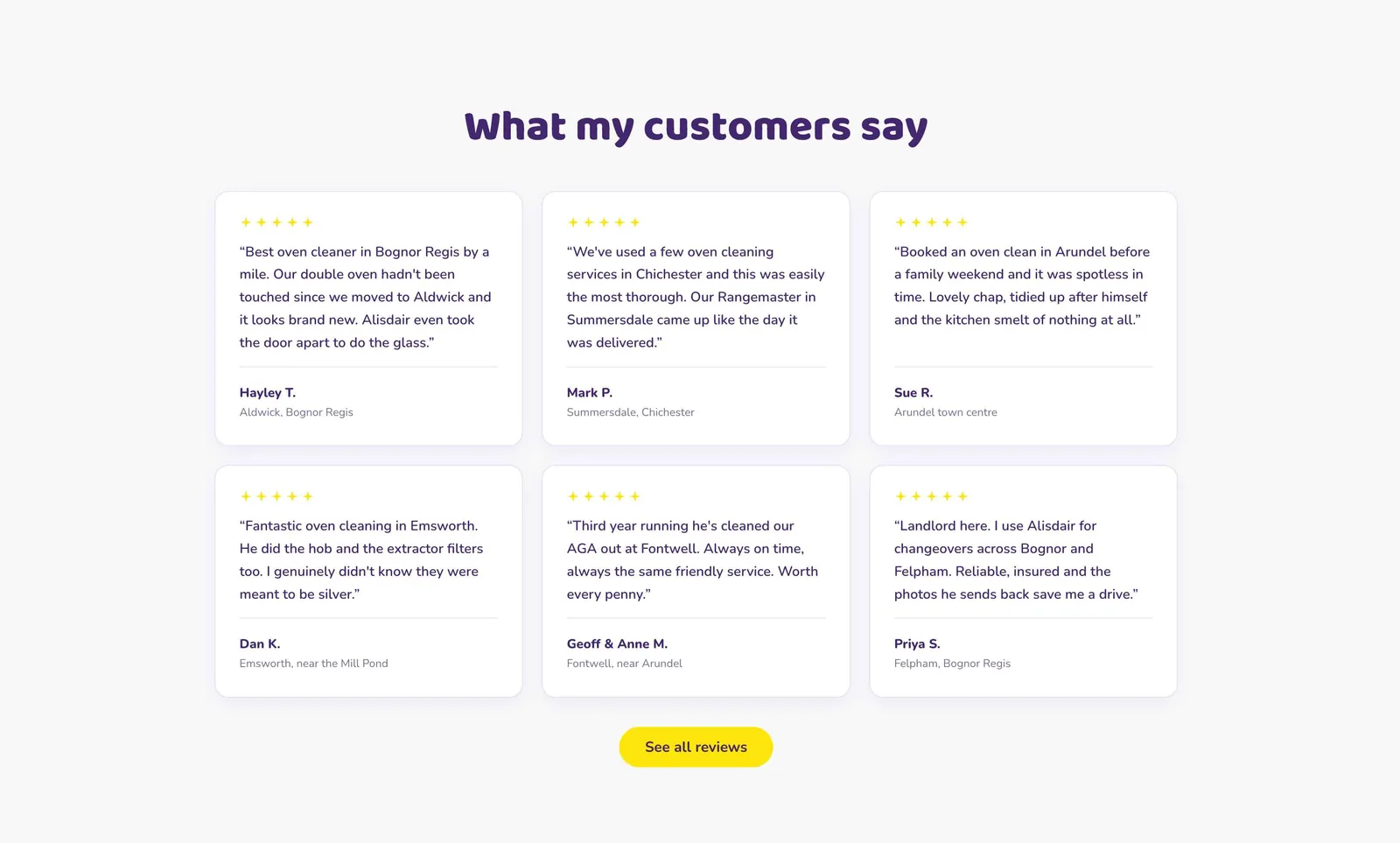 The Oven Cleaner website, customer reviews from across West Sussex