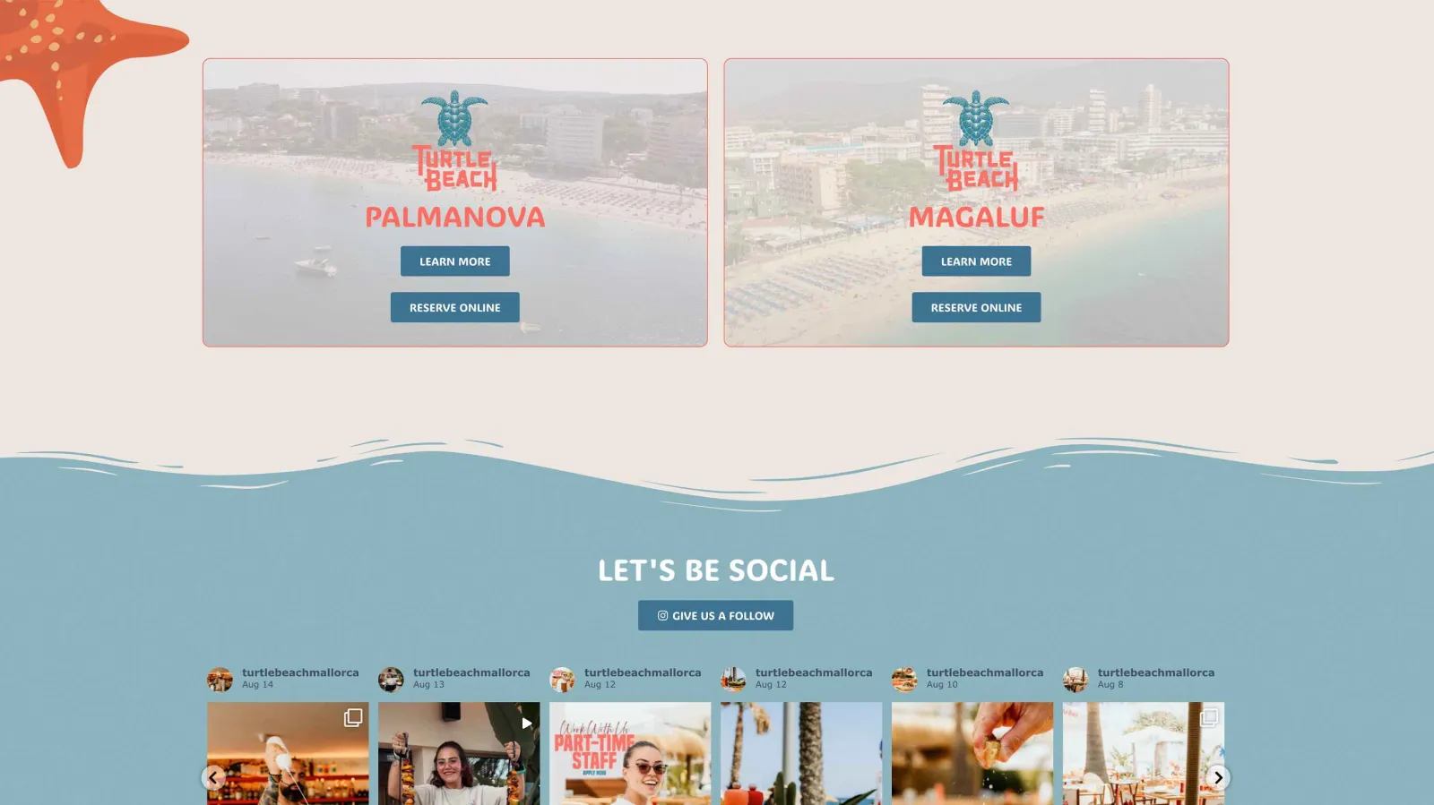 Turtle Beach restaurant website, digital menu for guests and tourists